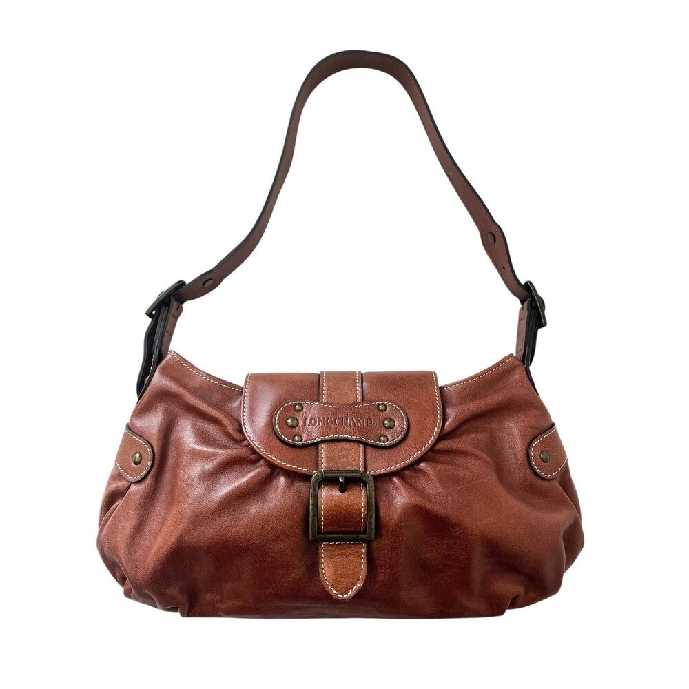 Longchamp Idole Cognac Brown Leather Studded Flap Shoulder Bag Vintage Y2K